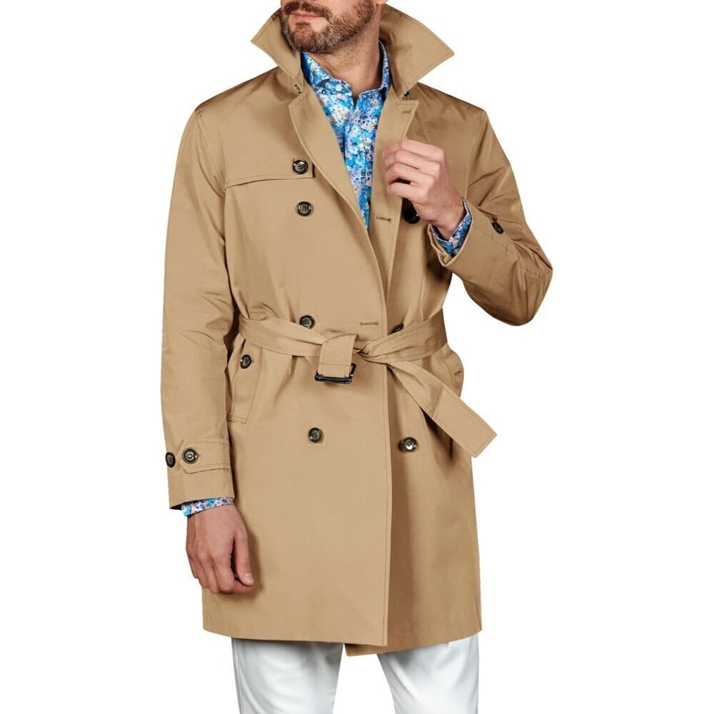 🆕Mens Brown  Trench Coat Notched Lapel Jackets Causal Overcoat With Belt